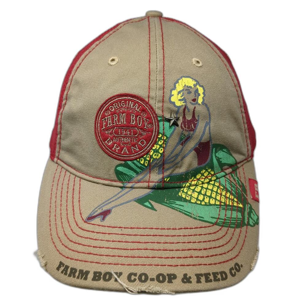 Farm Boy Baseball Cap Beige Red One Size Pinup Girl Corn Mesh Star Graphic Hat